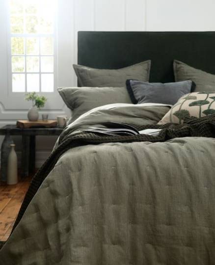MM Linen Laundered Linen Bedspread Set. Extras - Quilted Euros and Tassel Pillowcases - Olive